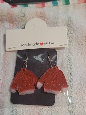 Handmade Red Glitter Sweater Dangle Earrings